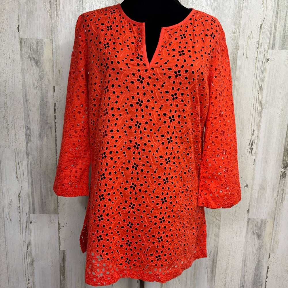 Talbots Vibrant Red Orange Eyelet Tunic‎ Top